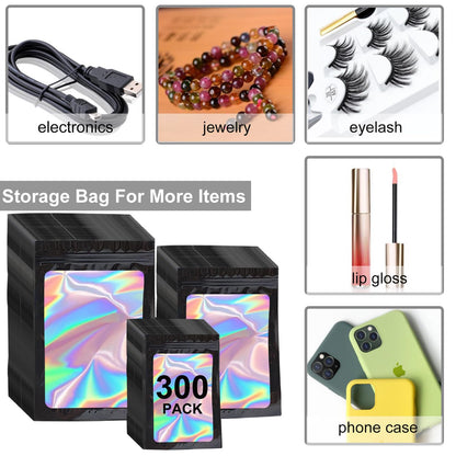 300 Pack 3 Sizes Resealable Mylar Holographic Bags Food Storage Smell Proof Bags with Front Window Packaging Pouch for Sample Snack Cookies Jewelry (Black, 3 x 4.7 inch,4 x 6 inch,4.7 x 7.9 inch)