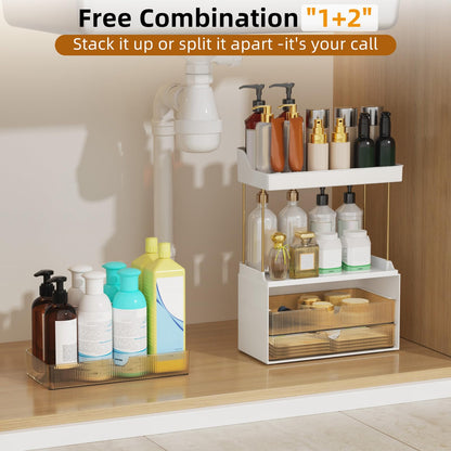 3 Drawers Makeup Organizer - 5 Tier Bathroom Organizers and Storage, Stackable Versatile Perfume Vanity Organizer, Ideal for Cosmetic, Large Skincare, Face Mask, Office Supplies, Amber