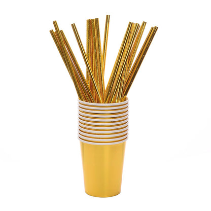 200Pcs Solid Gold Party Supplies - Gold Paper Plates & Napkins Cups Silverware Serves 25 Sets for Wedding Bridal Shower Engagement Birthday Parties (Gold)