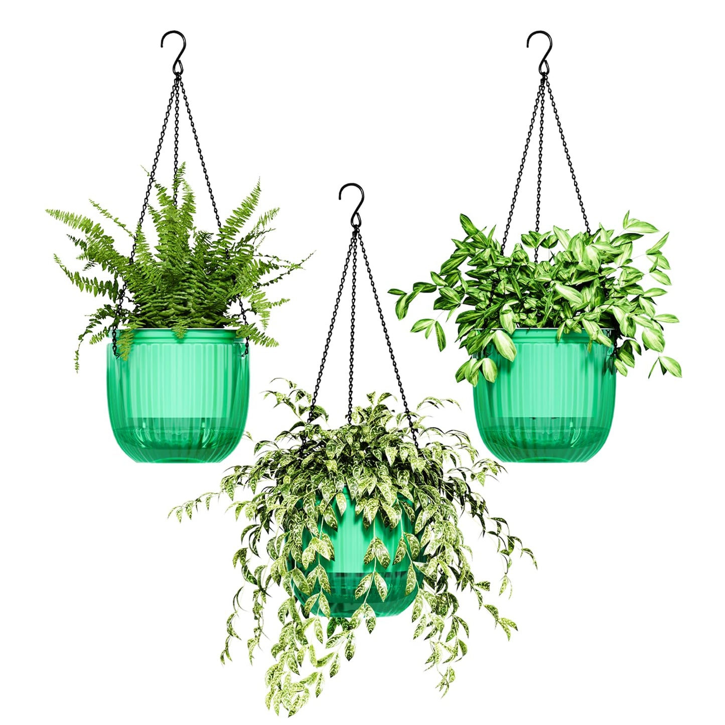 Bamworld Hanging Planters for Indoor Plants Self Watering Pots with Drainage Hole 3 Pack 6.5 Inch Outdoor Plant Hanger Hanging Pots with 3 Hooks Chains Spider Plants Live House Planters(Emerald)