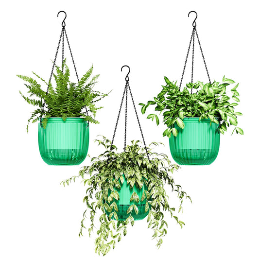 Bamworld Hanging Planters for Indoor Plants Self Watering Pots with Drainage Hole 3 Pack 6.5 Inch Outdoor Plant Hanger Hanging Pots with 3 Hooks Chains Spider Plants Live House Planters(Emerald)