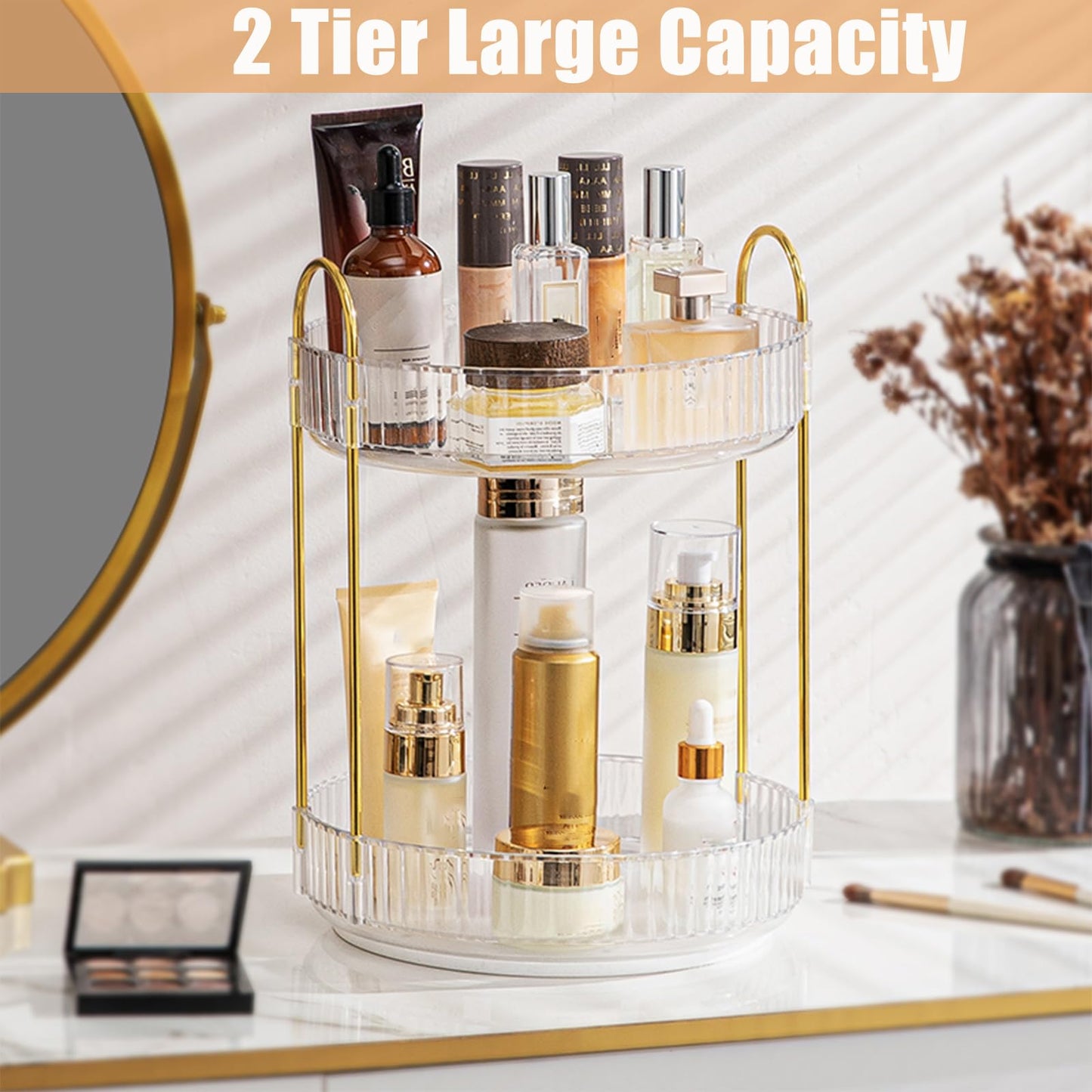 Rotating Makeup Organizer, 2 Tier Large Capacity Perfume Organizer, Cosmetic Organizer for Vanity Bathroom Bedroom, White
