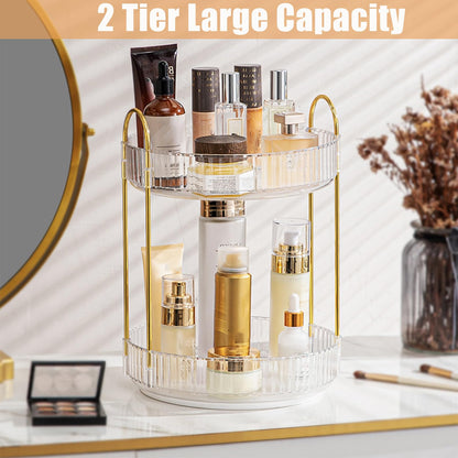 Rotating Makeup Organizer, 2 Tier Large Capacity Perfume Organizer, Cosmetic Organizer for Vanity Bathroom Bedroom, White