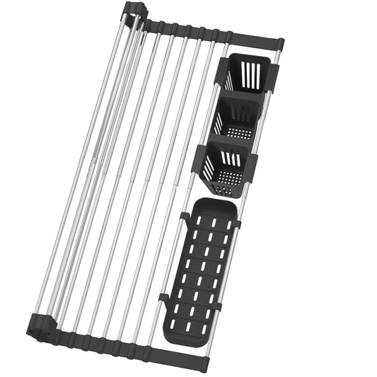Black Expandable Roll Up Dish Drying Rack Up to 22.8''with 2 Storage Baskets,Over The Sink Kitchen Rolling up Dish Drainer Drying Rack , Foldable,Rollable,for Kitchen Dishes(Expandable Width Size)