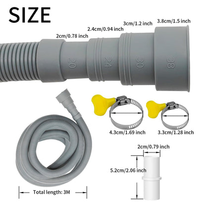 Universal Washing Machine Drain Hose, 10 Feet Flexible Washing Machine Drain Hose, Washer Drain Hose, Portable Discharge Washer Hoses with 1 Extension Adapter and 2 Hose Clamps, 1 U-Bend Hose Holder
