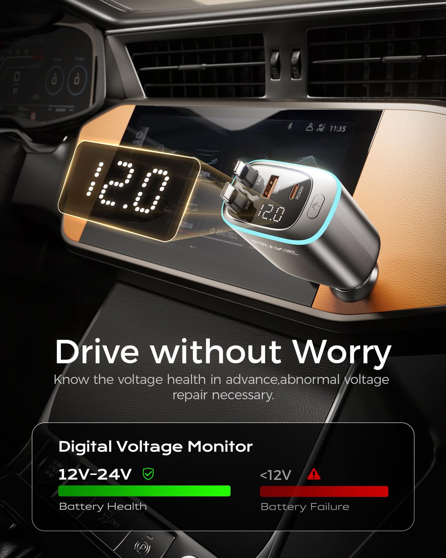 Retractable Car Charger 4 in 1 Car Phone Charger with Led Light USB C Fast Charger for Car with 2 Retractable Cables and 2 USB Ports Compatible with i Phone 17/16/15/14/13/iPad Galaxy S25/24 Android