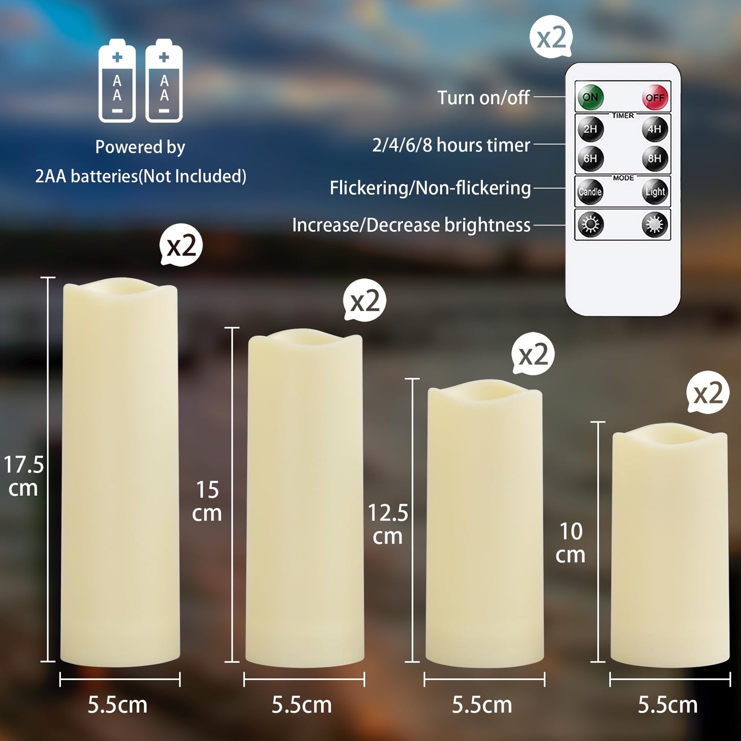 Yeelida Waterproof 8pcs Flameless LED 2.2" x4" 4" 5" 5" 6" 6" 7" 7" Candles with 2 Remotes & Daily Timer, Battery Operated Fake Exterior Ivory Plastic Long Lasting Pillar Candles for Outdoor Use