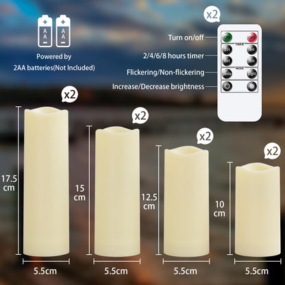 Yeelida Waterproof 8pcs Flameless LED 2.2" x4" 4" 5" 5" 6" 6" 7" 7" Candles with 2 Remotes & Daily Timer, Battery Operated Fake Exterior Ivory Plastic Long Lasting Pillar Candles for Outdoor Use