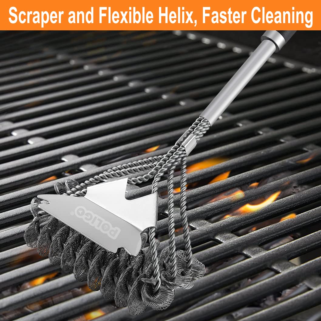 POLIGO Safe BBQ Grill Brush and Scraper Bristle Free Barbecue Brush, Stainless Steel BBQ Brush, BBQ Cleaner Brush for Porcelain Gas Charcoal Grill Efficiently Cleaning - Ideal Gifts for Grill Wizard