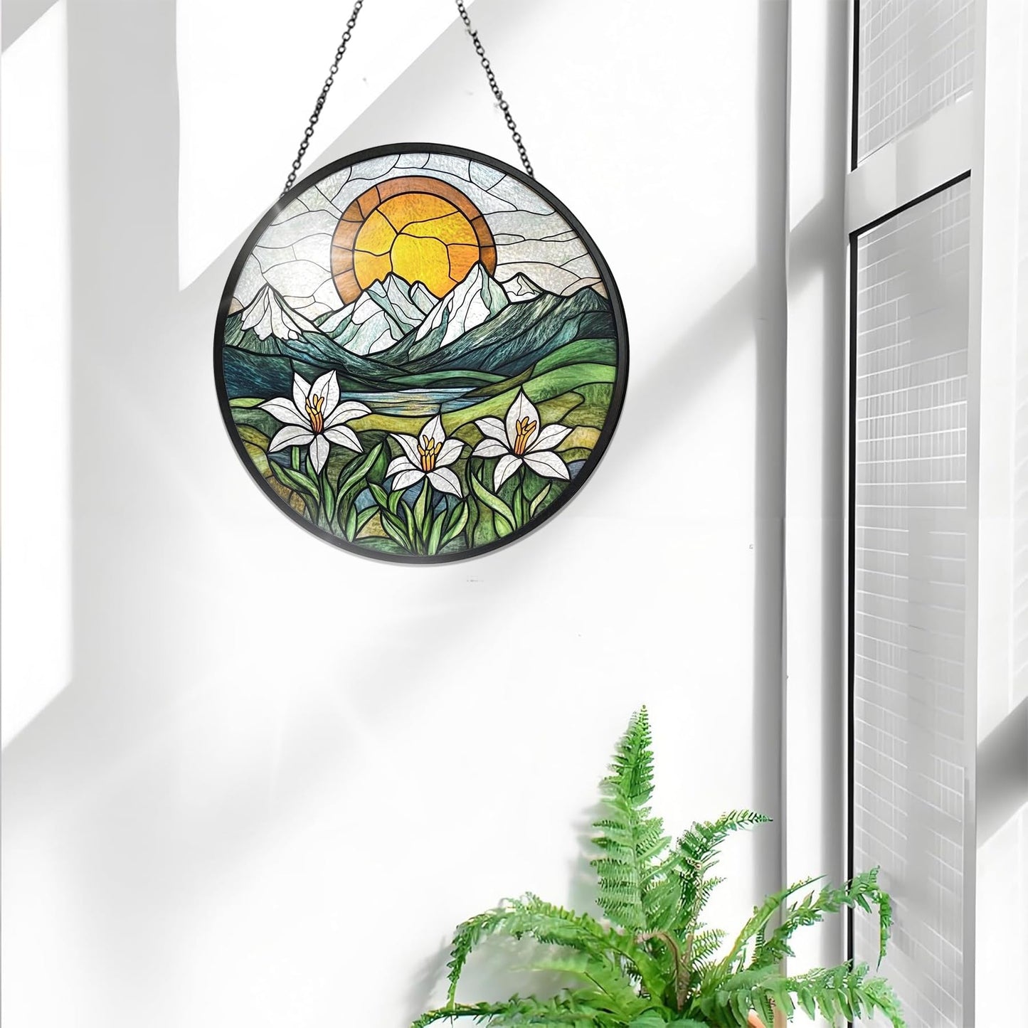 Bimkole Sun Mountain Stained Glass Suncatcher Window Hanging - Flowers Indoor Window or Doorway Decoration - Handmade Sun Catcher Decor for Garden Home Christmas & Birthday Gifts 7.87x7.87 Inch
