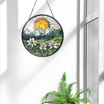 Bimkole Sun Mountain Stained Glass Suncatcher Window Hanging - Flowers Indoor Window or Doorway Decoration - Handmade Sun Catcher Decor for Garden Home Christmas & Birthday Gifts 7.87x7.87 Inch