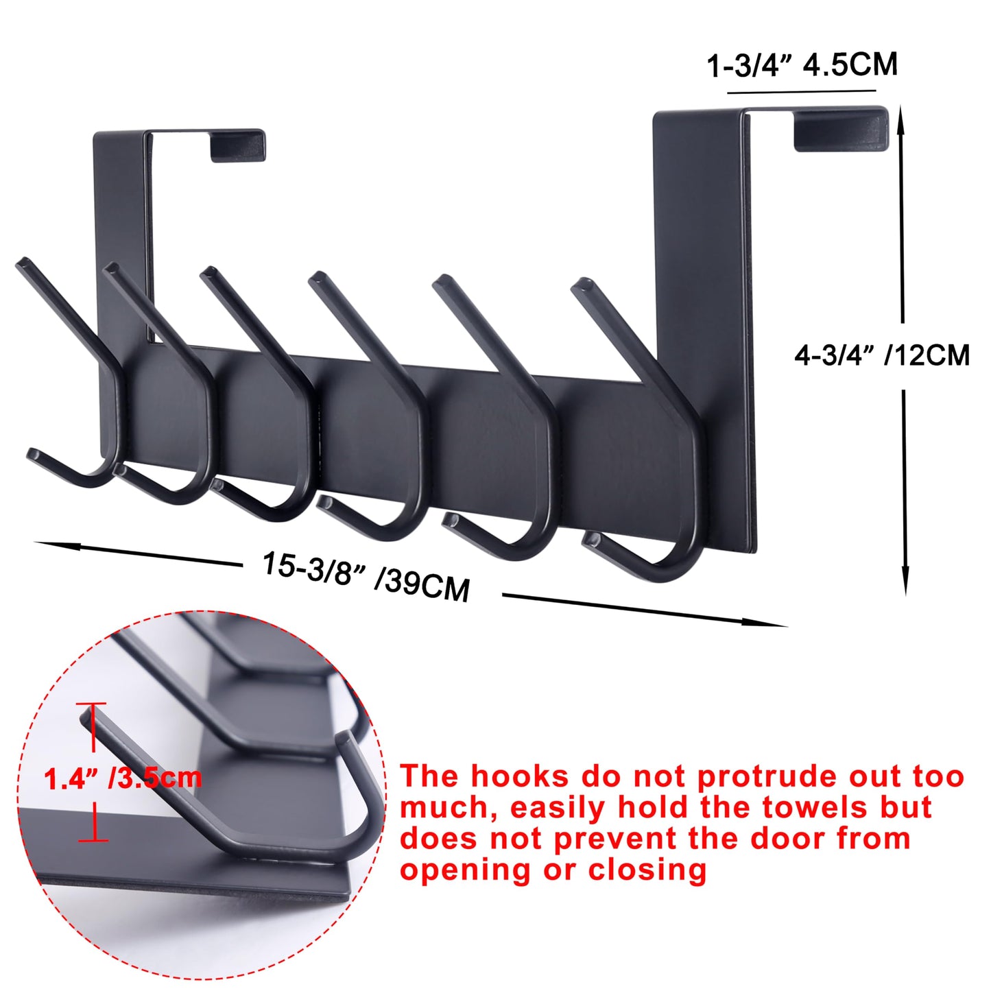 SKOLOO Over The Door Hooks for Hanging Coats Towel Key Clothes - 6 Hooks, Over The Door Towel Rack for Bathroom, Stainless Steel Over Door Coat Hook (Square, Black)