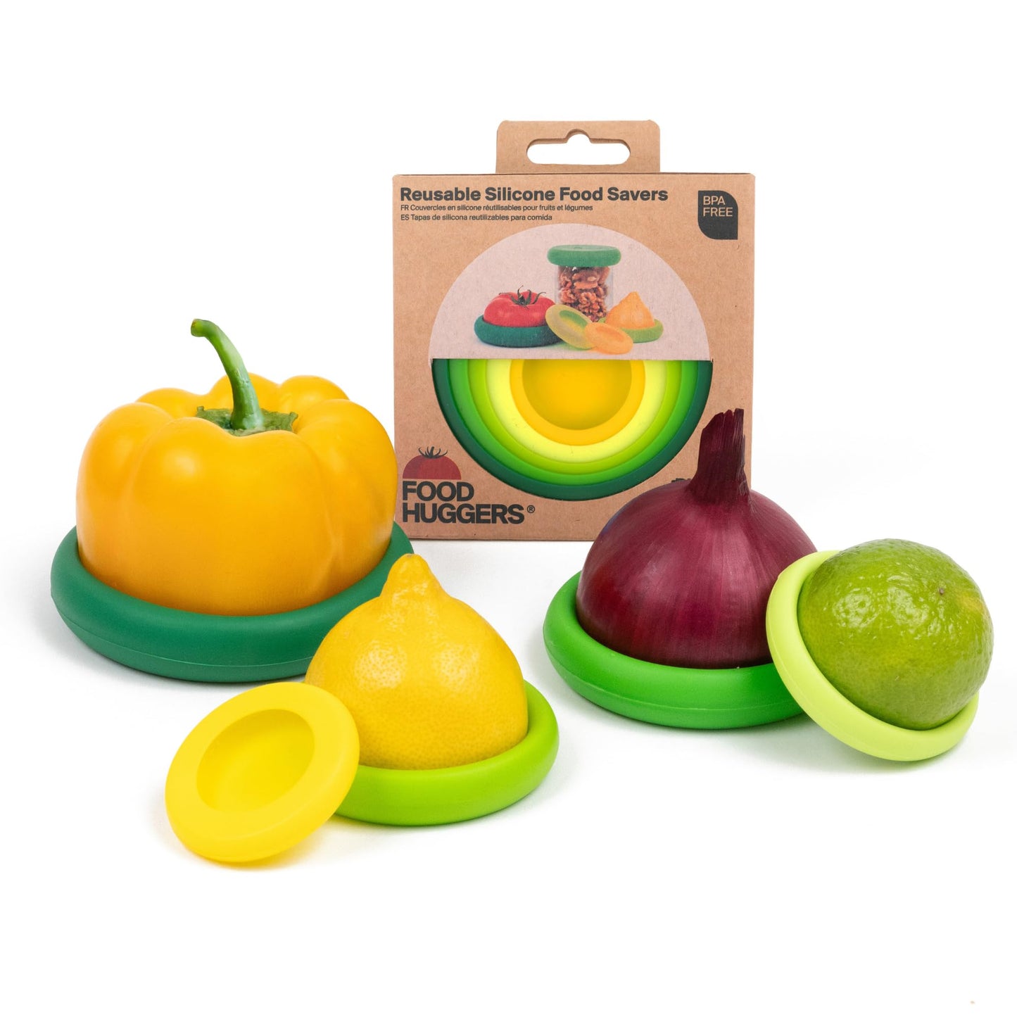 Food Huggers 5pc Reusable Silicone Food Savers | BPA Free & Dishwasher Safe | Fruit & Vegetable Produce Storage for Onion, Tomato, Lemon, Banana, Cans & More | 5 Pack Round, Fresh Greens