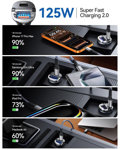 【Upgraded】 125W Car Charger USB C Super Fast Charging, [PD65W & QC60W][All Metal] MRGLAS Cigarette Lighter Car Charger, Car Accessories for iPhone 17 16 Pro Max Air iPad Samsung S25 Pixel 10