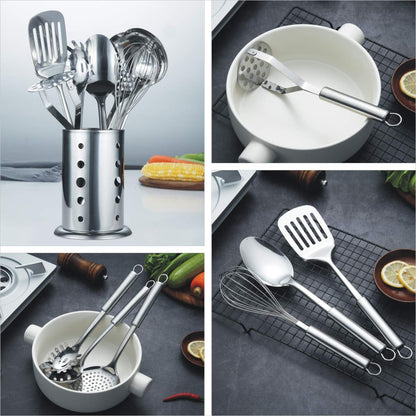 Berglander Stainless Steel Kitchen Utensil 7 Piece with 1 Stand, Slotted Tuner, Ladle, Skimmer, Serving Spoon, Pasta Server,Potato Maseher, Egg Whisk. Kitchen Tool Set. Kitchenware with Holder.