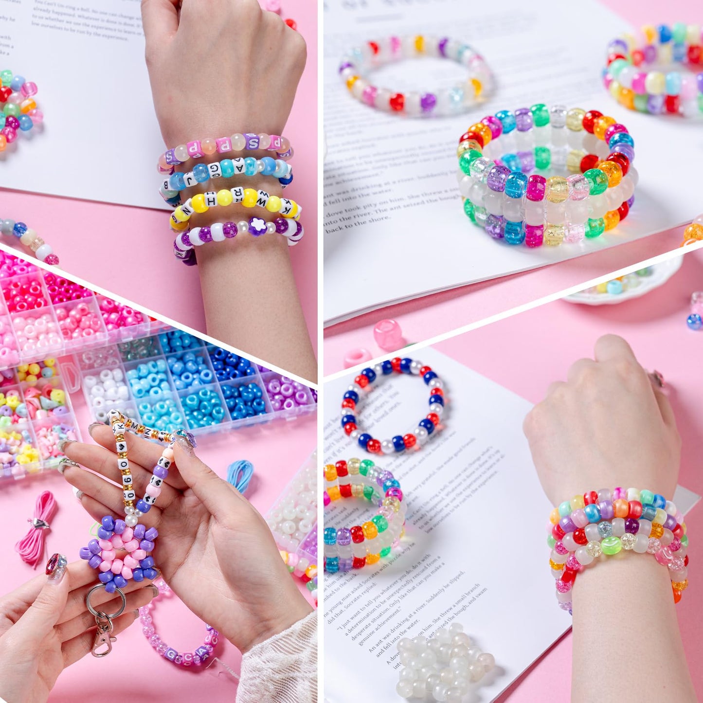 SJZWSD 5 Boxes Bracelet Making Kit Pony Beads, 6x9mm Kandi Rave Beads & Hair Beads Set with UV Color Changing, Glow-in-Dark, Chrome & Alphabet Letters for Friendship Jewelry DIY Crafts