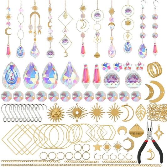 200 Pcs Crystal Suncatcher Hanging Sun Catcher Kits for Adults Colorful Crystals Suncatchers Prisms with Chain Pendant Ornament Suncatchers DIY Crafts for Window Home Office Garden Decoration (Gold)