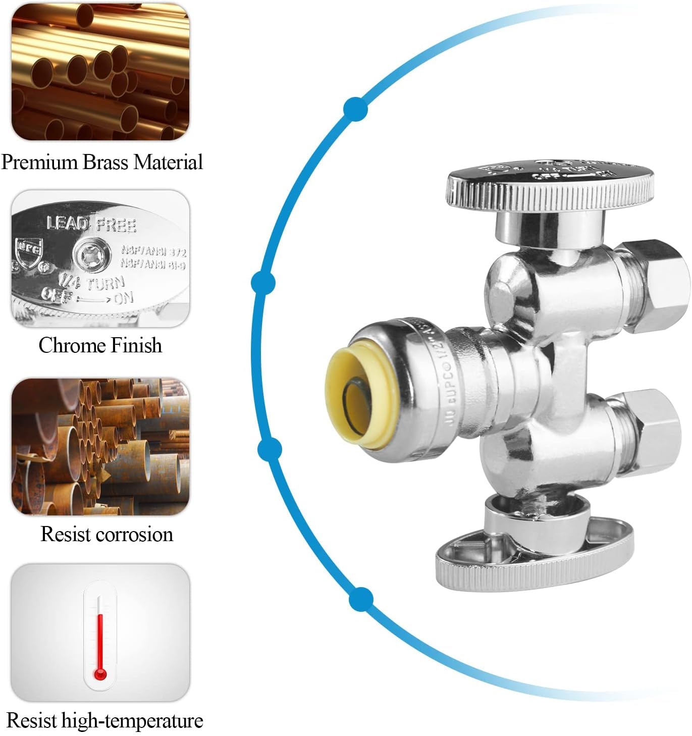 WiseWater 1 Pack 1/2" Push Fit x Dual 3/8" OD Compression Straight Stop Valve, 1/4 Turn Double Handles Shut Off Valve with Disconnect Clip, Chrome Plated Brass, Copper, PEX, CPVC, PE-RT Pipes