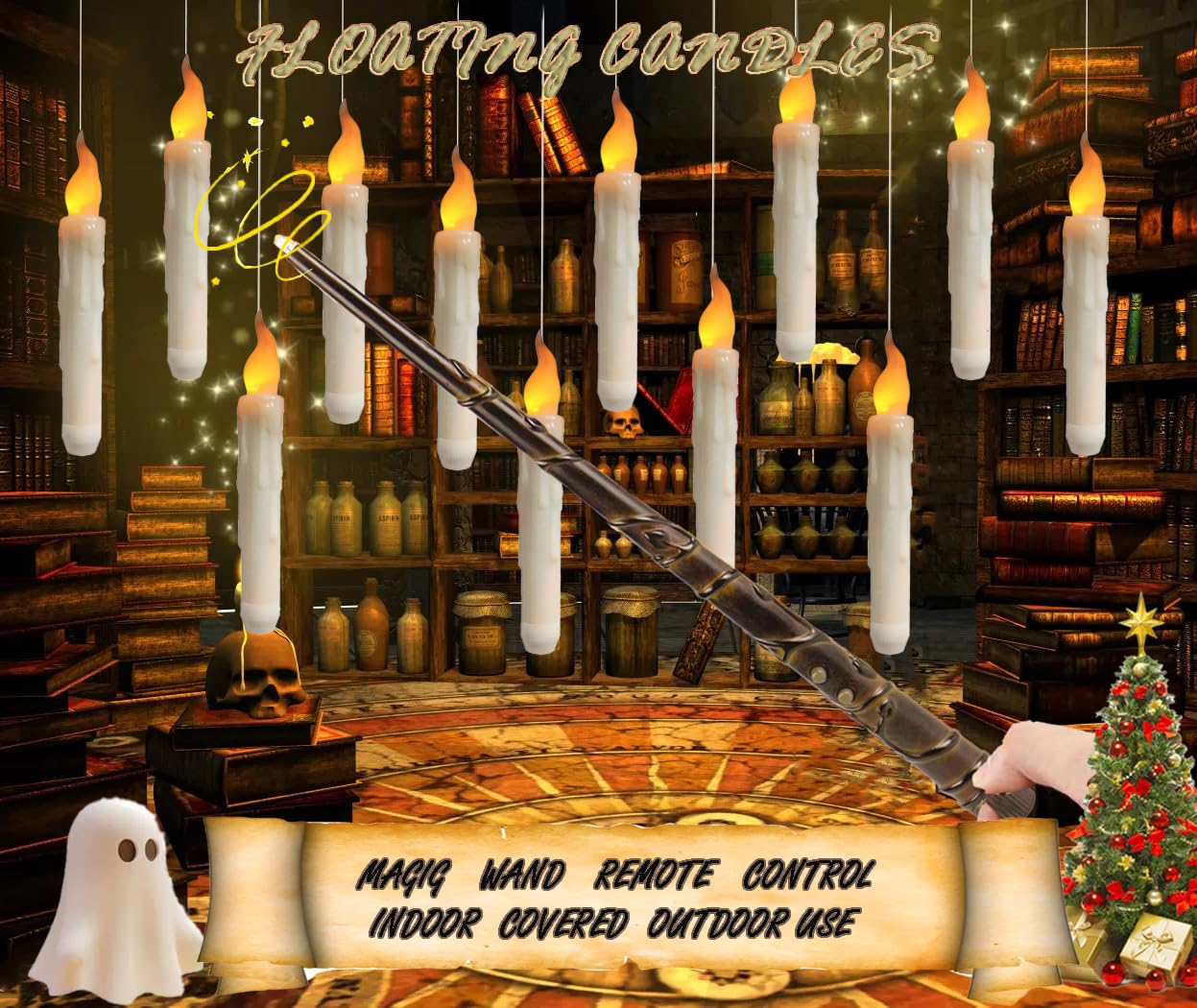 BaRiFanNova Floating Candles with Magic Wand Remote, 12 Pack LED Flameless Hanging Candles, Battery Operated Flickering Taper Lights Set for Theme Party Birthday Gift