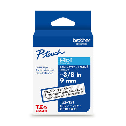 Brother Genuine TZe-121 Black on Clear Laminated Tape for TZe-Compatible P-Touch Label Makers, 9 mm Wide x 8 m Long