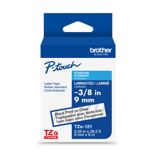 Brother Genuine TZe-121 Black on Clear Laminated Tape for TZe-Compatible P-Touch Label Makers, 9 mm Wide x 8 m Long