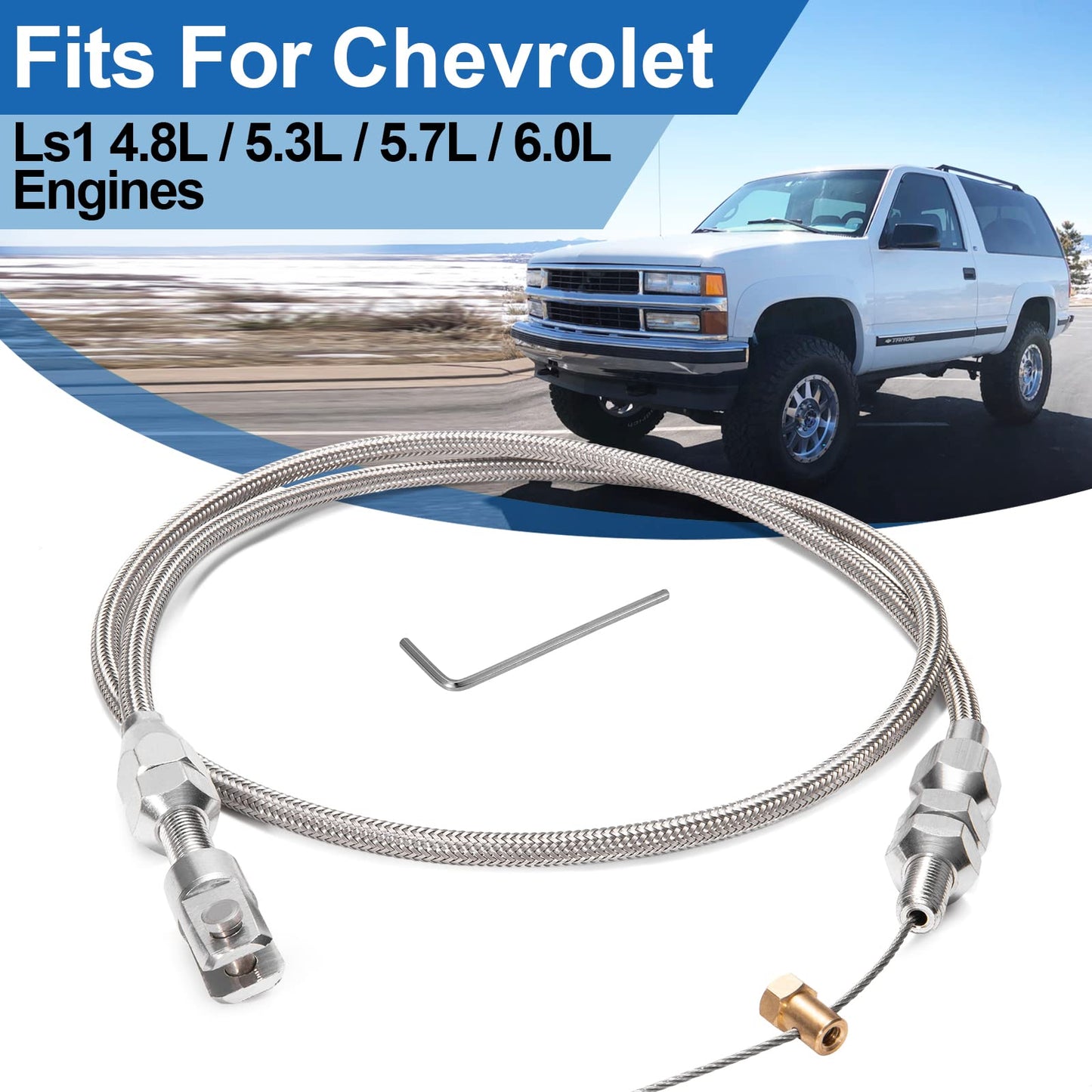 Spurtar 36" Braided Throttle Cable Kit, Compatible with 97-07 Chevrolet/Chevy LS1 Engine 4.8L 5.3L 5.7L 6.0L, 36in Accelerator Throttle Cable Repair Kit Stainless Steel Swap Fuel Line
