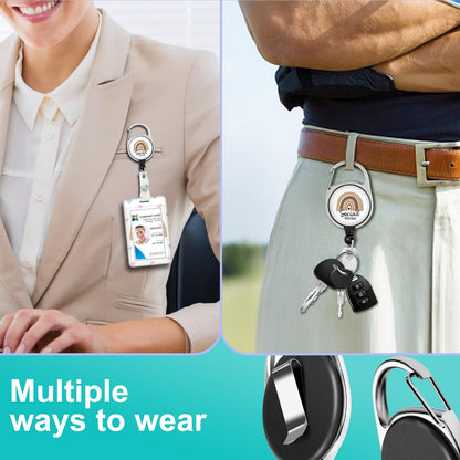 Plifal ID Badge Holder with Lanyard and Retractable Social Worker Badge Reel Belt Clip, Boho Rainbow Leopard Keychain Lanyards Clip On Badge Extender Vertical ID Sleeve for Women Men