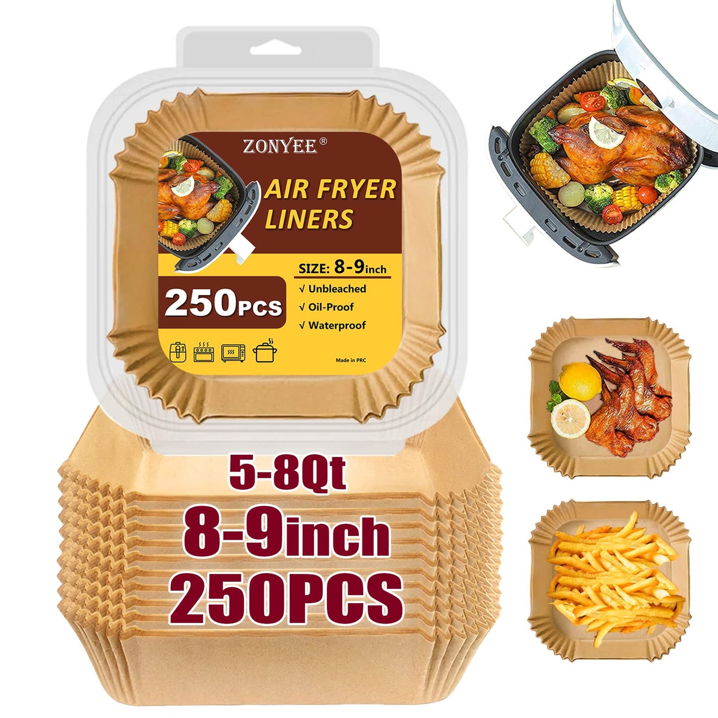 Air Fryer Liners for Cosori 6Qt and Chefman 8Qt Air Fryer, Airfryer Liners Disposable Square Parchment Paper for Air Fryer 5-8Qt Basket, Food Grade Air Fryer Parchment Paper Liners 250PCS