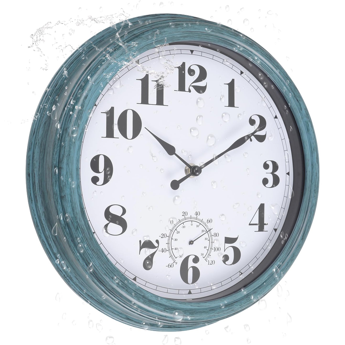 Aurowit Outdoor Wall Clock with Thermometer 12 Inch Waterproof Outdoor Clocks Battery Operated Wall Clock Dark Black Non Ticking for Patio Pool (Green, 12 Inch)