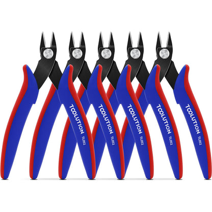 TOOLUTION 5 Pack Flush Wire Cutters - Small Diagonal Cut Pliers Side Cutter Snips Bulk - Micro Clippers for Cutting Zip Tie Plastic Model - Mini Nippers for Crafting Electrical Jewelry Making