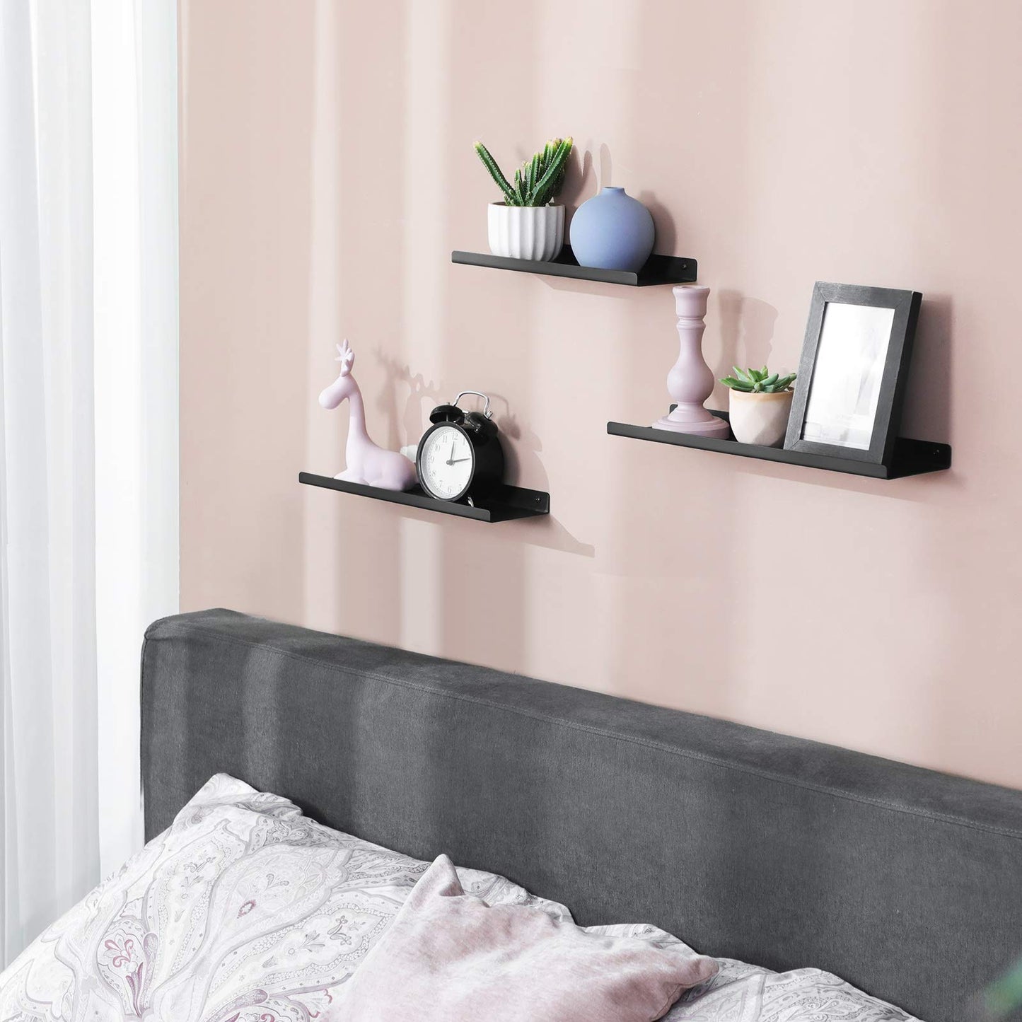 SONGMICS Set of 3 Wall Shelves, Metal Floating Shelves, Industrial Wall-Mounted Shelving for Decorations, Photos, Knickknacks, Multiple Layouts, 6 Screws Included for Mounting, Black ULFS12BK