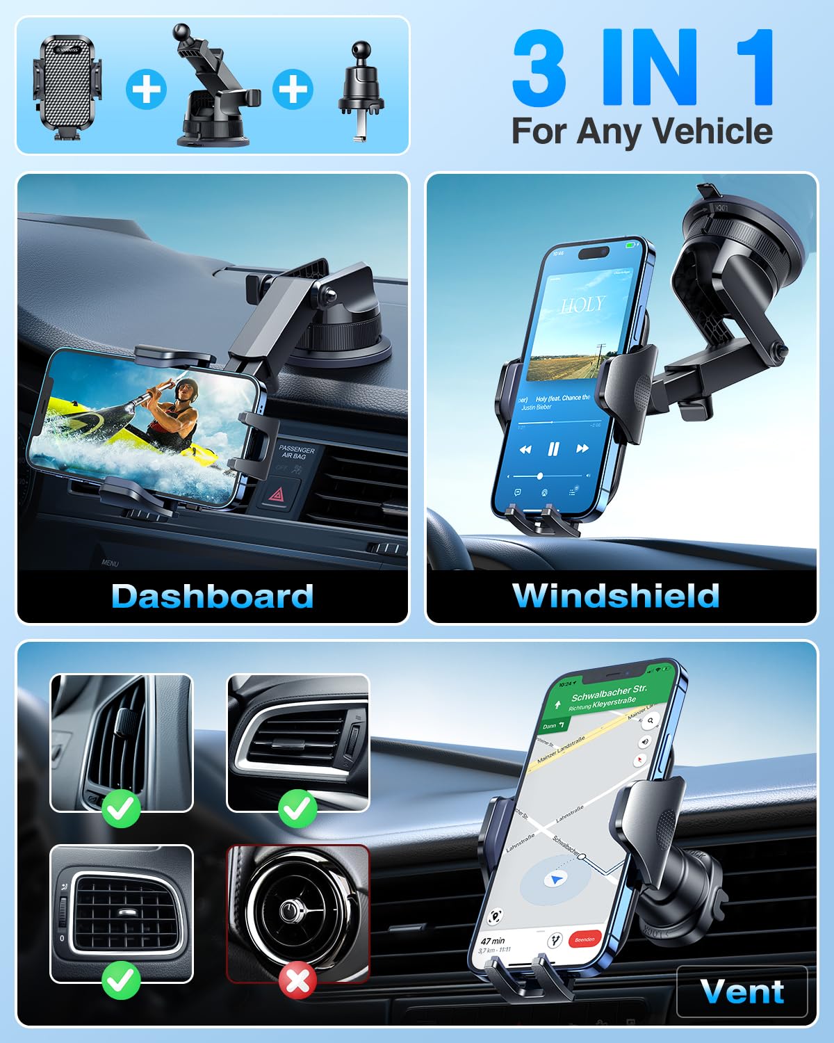 [2026 True Military-Grade] Car Phone Holder VANMASS [Upgraded Strongest Suction & Clip] Cell Phone Mount for Dashboard Windshield Vent Desk, Truck Cradle Stand for iPhone 17 Pro Max 16 15 14 Android