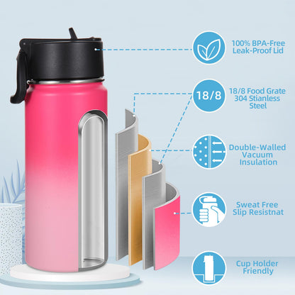 Volhoply 16 OZ Kids Water Bottle Bulk 2 Pack,Insulated Sports Bottles with Straw Lid,Stainless Steel Bottle with Handle Keep Cold & Hot,Double Wall Vacuum Cups for School(Assorted,Set of 2)