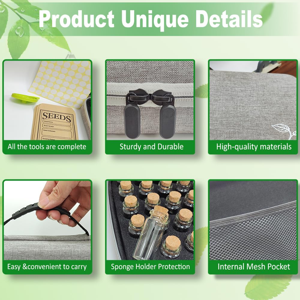 40 Slots Seed Storage Box,Garden Storage Organizer Box with Glass Storage Containers,Label Stickers,Seed Envelopes,Funnel for Various Sizes Vegetable and Flower Garden Seeds