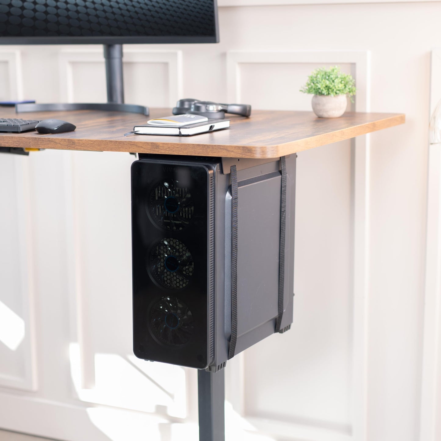 VIVO Under-Desk and Wall Mount PC Adjustable Strap and Steel Bracket Holder, Computer Case Carrier, Black, MOUNT-PC02S