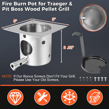 304 Stainless Steel Fire Burn Pot Replacement Parts for Traeger, Pit Boss Pellet Grills, Pellet Grill Replacement Parts for Traeger Pro 22/34, Camp Chef, Z Grills, Fire Pot with Ash Remover & Screws