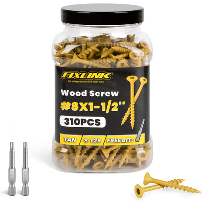 Wood Screws 1-1/2 Inch, FIXLINK Deck Screws #8 x 1-1/2", 310 PCS, Epoxy Coated, T25 Star Bit Above 1500 Hour Salt Spray Coating Outdoor Decking Screws Excellent Rust Resistant for Wood Fence