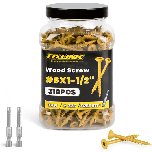 Wood Screws 1-1/2 Inch, FIXLINK Deck Screws #8 x 1-1/2", 310 PCS, Epoxy Coated, T25 Star Bit Above 1500 Hour Salt Spray Coating Outdoor Decking Screws Excellent Rust Resistant for Wood Fence