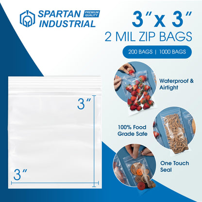 Spartan Industrial - 3” X 3” (1000 Count) 2 Mil Clear Reclosable Zip Plastic Poly Bags with Resealable Lock Seal Zipper