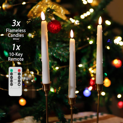 AFINETH Flameless Taper Candles with Rmote, 9.6" Dripless Battery Operated Candles, 3 Pack Real Wax Led Flickering Candlesticks with 3D Flame, Fake Candle for Home, Wedding, Party, White