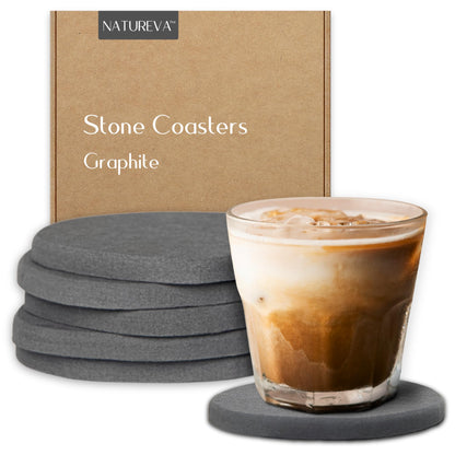 Natureva Home - Stone Coasters, Set of 6 | Super Absorbent, Quick Dry Diatomite Coaster for Drinks | Made of Natural Diatomaceous Earth | Absorbing Water Instantly | Unique Shapes | Colour Graphite