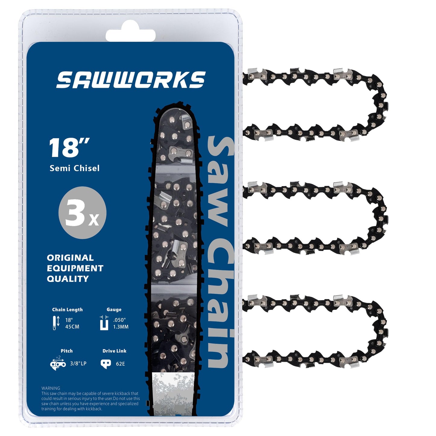 SawWorks 3-Pack 18 Inch Chainsaw Chain, 3/8" LP Pitch .050" Gauge 62 Drive Links Fits EGO CS1800, CS1804, Poulan Pro PR4218, 581562301, Oregon S62, CS1500, DEWALT and More