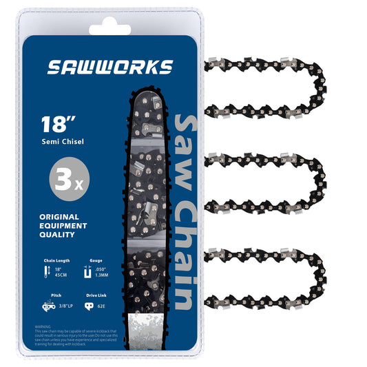 SawWorks 3-Pack 18 Inch Chainsaw Chain, 3/8" LP Pitch .050" Gauge 62 Drive Links Fits EGO CS1800, CS1804, Poulan Pro PR4218, 581562301, Oregon S62, CS1500, DEWALT and More