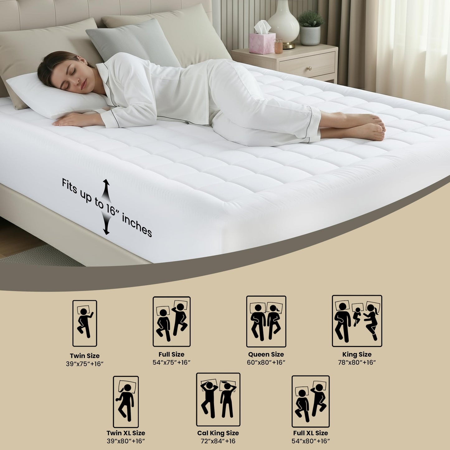 Utopia Bedding Full/Double Mattress Pad, Quilted Fitted Premium Mattress Protector, Deep Pocket Cover Stretches up to 16 Inches, Fluffy Pillow Topper (54x75 Inches, White)
