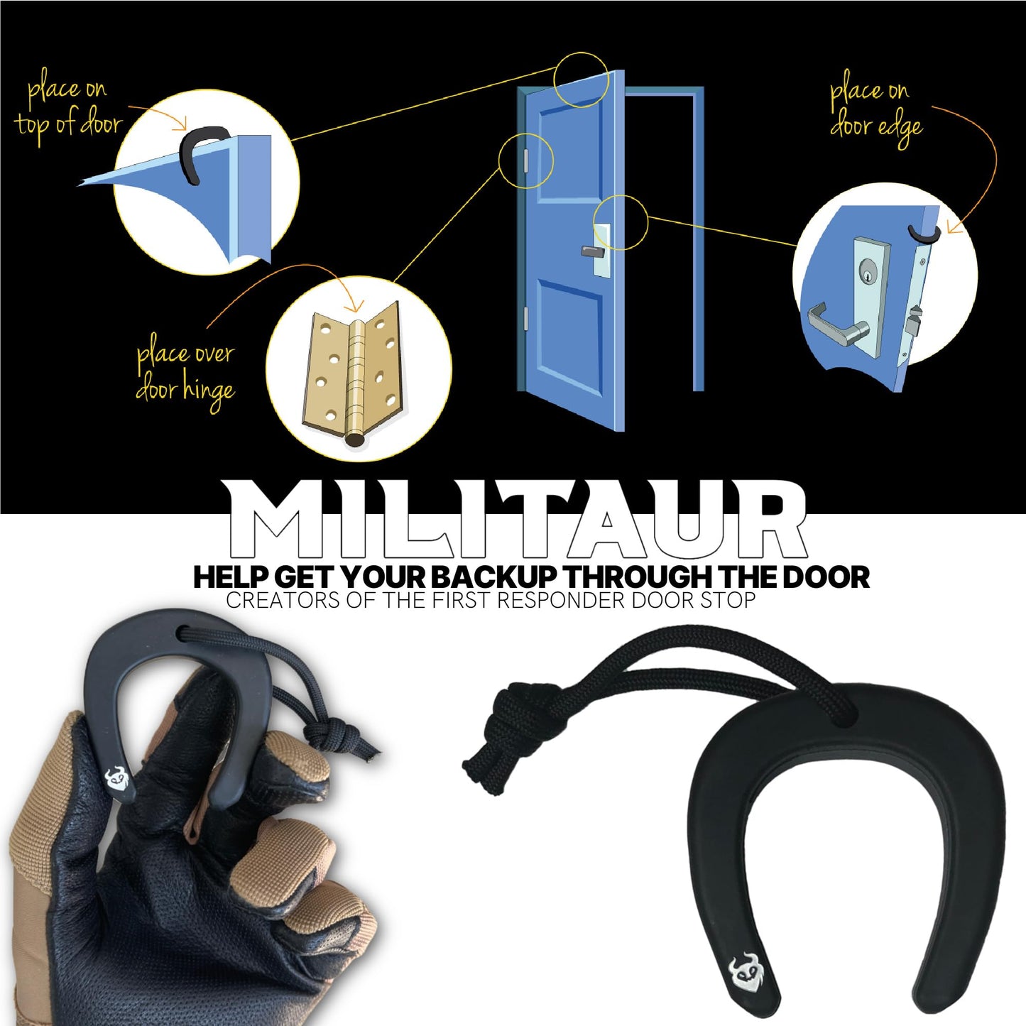 Militaur First Responder Door Stop/Jam Black (3 Pack) – Fits Molle, Tactical Door Jam for Police, EMS, EMT, Firefighters, Security
