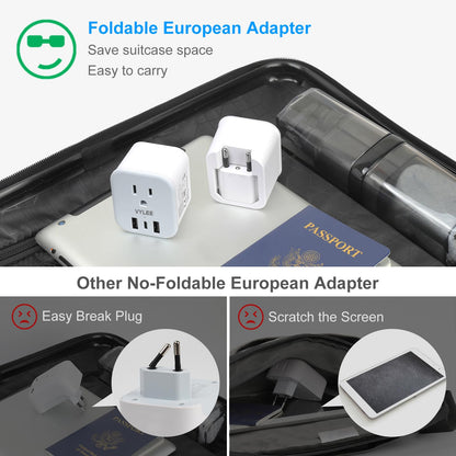 2 Pack European Travel Plug Adapter, VYLEE Foldable Travel Adapter with 3 USB (1 USB C Port) and 1 AC Outlets Charger for Canada to Most of Europe - EU France Germany Spain Italy