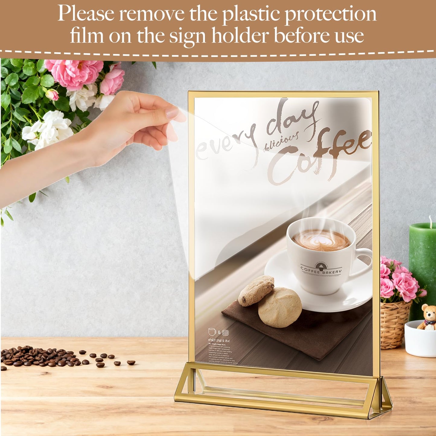 RUITENG 12 Pack Acrylic Sign Holder, 4x6 Clear Gold Frame Display Stand, Double Sided Picture Menu Flyer Holders, Wedding Table Number Frames for Cards Photo Party Decoration (4" x 6")