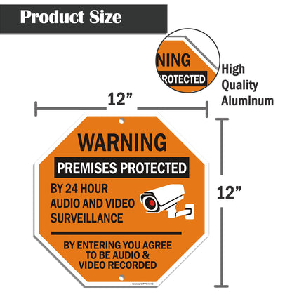 Clotide Warning Premises Protected By 24 Hour Audio And Video Surveillance By Entering You Agree To Be Audio & Video Recorded Sign, 2 Pack 12 ”x12 ” Aluminum Sign