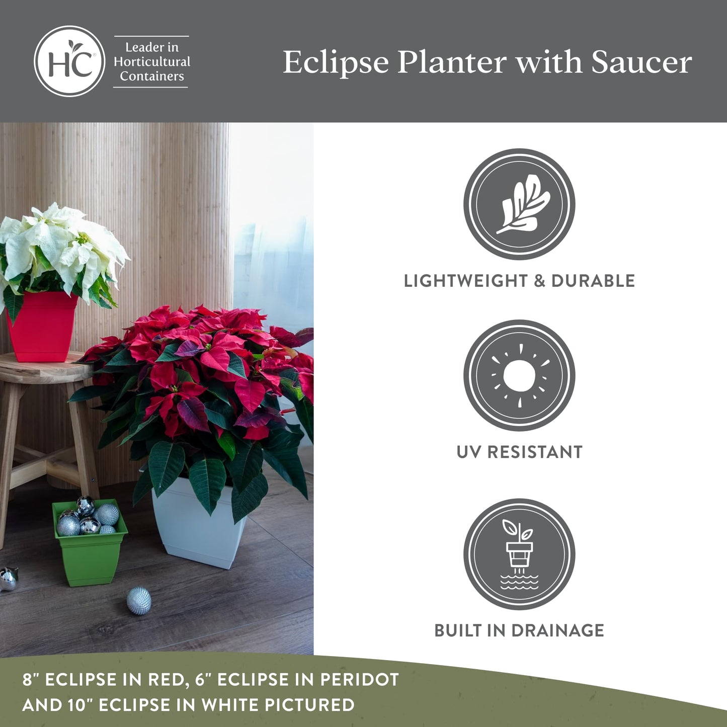 The HC Companies Eclipse Square Plastic Planter w/Attached Saucer - Outdoor & Indoor Plant Pot with Drainage Holes - Lightweight, UV-Resistant Plastic Pots for Plants (8" Slate Blue, Pack of 4)