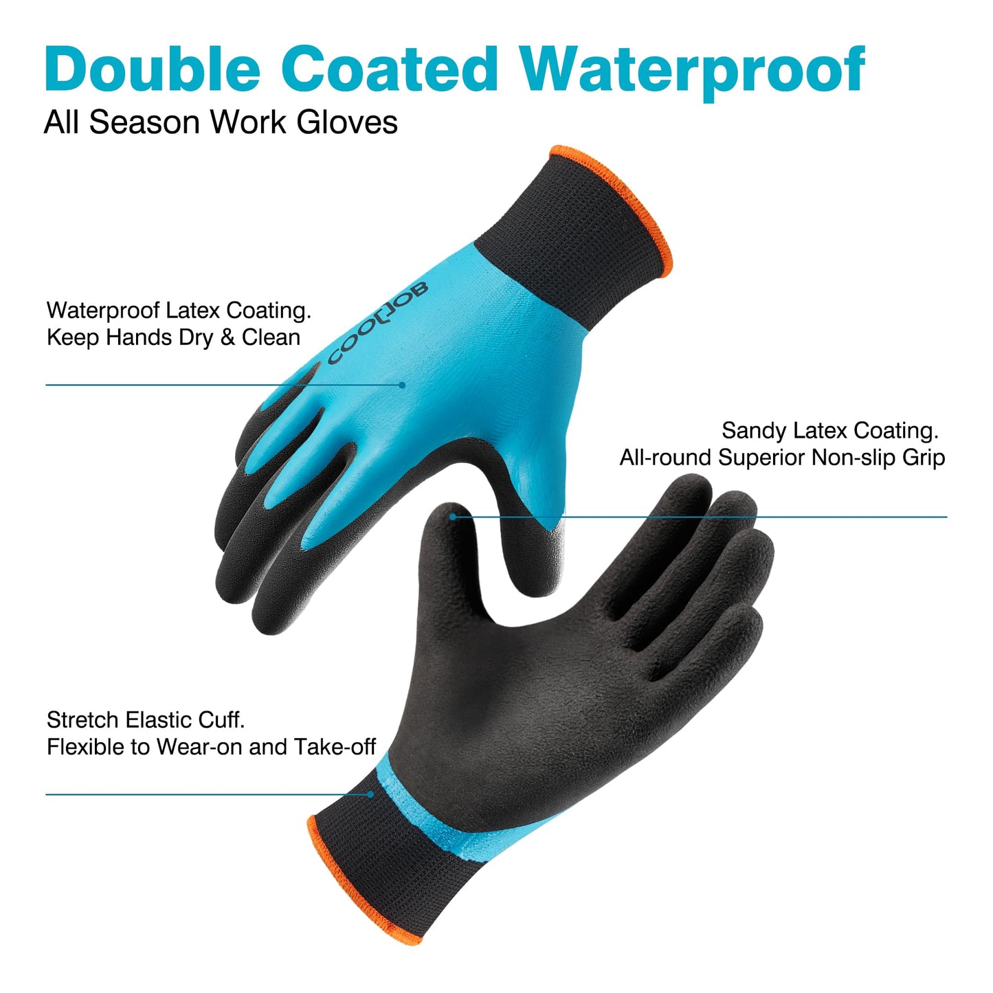 COOLJOB Waterproof Gardening Gloves for Women & Men, 2 Pairs Pack Work Gloves with Double Latex Coating, for Construction, Mechanic, General Purpose, Blue, Medium